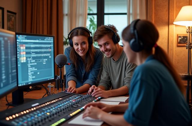 Equipo de producción de audio colaborando en una sala de control