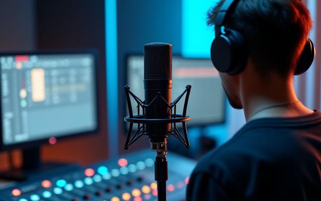 Estudio de grabación con voz en off siendo grabada