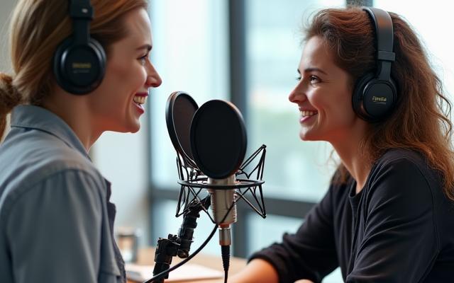 Dos personas interactuando y grabando un podcast en un estudio moderno