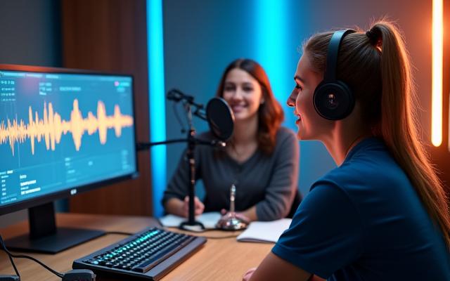 Imagen de estudio de podcast con micrófonos y un anfitrión