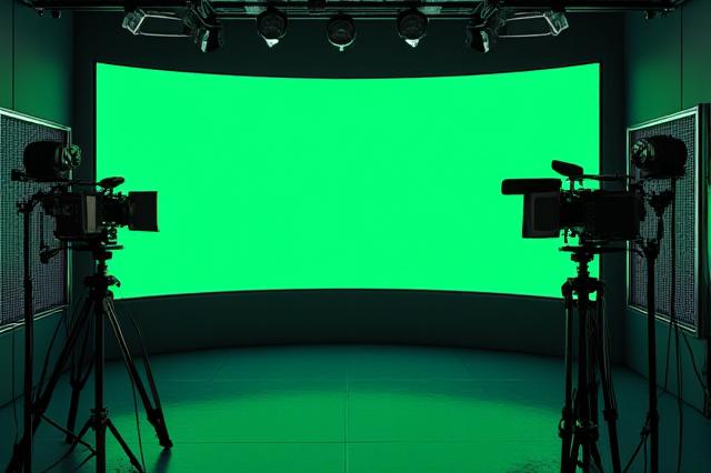 Estudio de transmisión en vivo moderno con cámaras, iluminación y micrófonos.